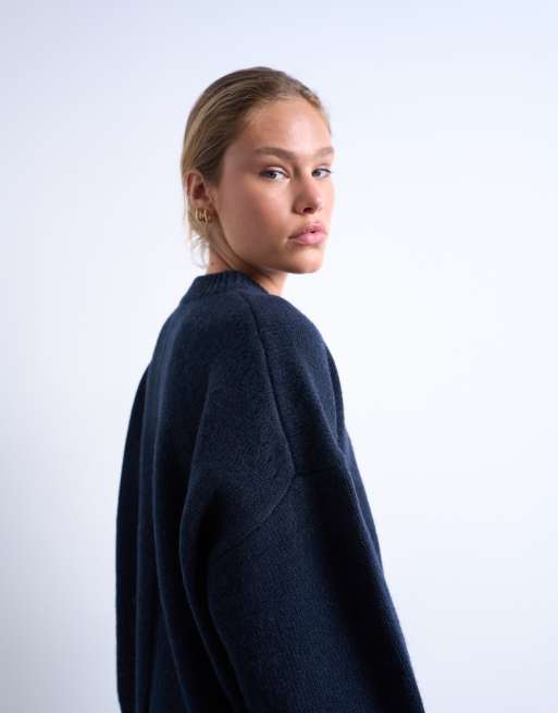 Topshop knitted premium 100% lambswool jumper in navy, 2 of 4
