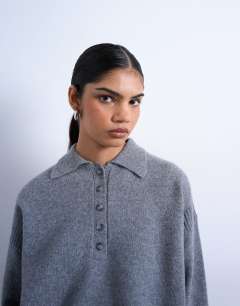 Model wearing Knitted premium 100% lambswool polo jumper in grey
