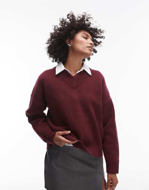 Topshop knitted premium 100% lambswool v-neck relaxed sweater in burgundy - view 1