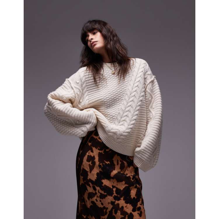 Topshop knitted premium 100% wool oversized cable sweater in ivory