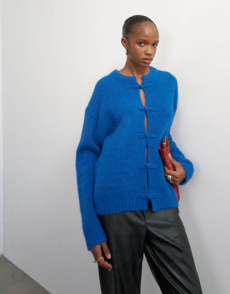 Topshop knitted premium alpaca blend frogging detail cardigan in blue - view 1