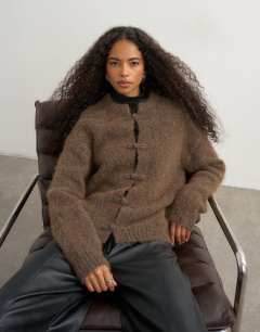 Knitted premium alpaca blend frogging detail cardigan in dark brown
