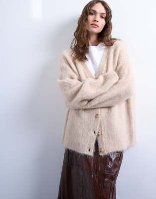 Topshop Knitted Premium Alpaca Cardigan In Beige-neutral