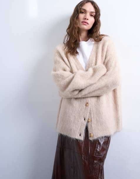 Topshop knitted premium alpaca cardigan in beige - view 1