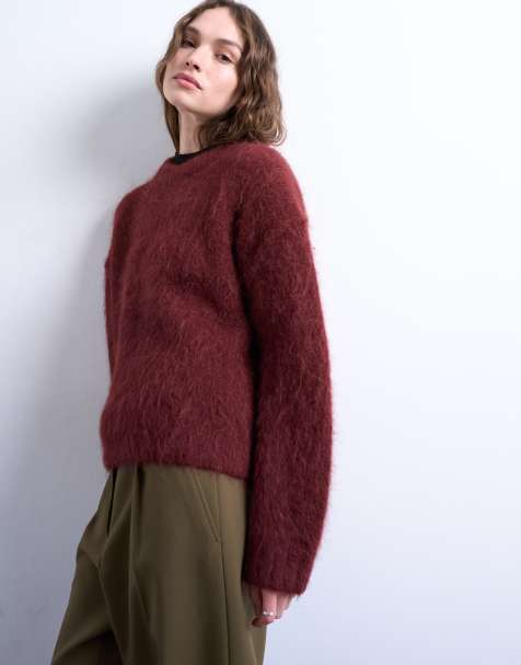 Topshop knitted premium alpaca crew neck boxy jumper in Burgundy - view 1