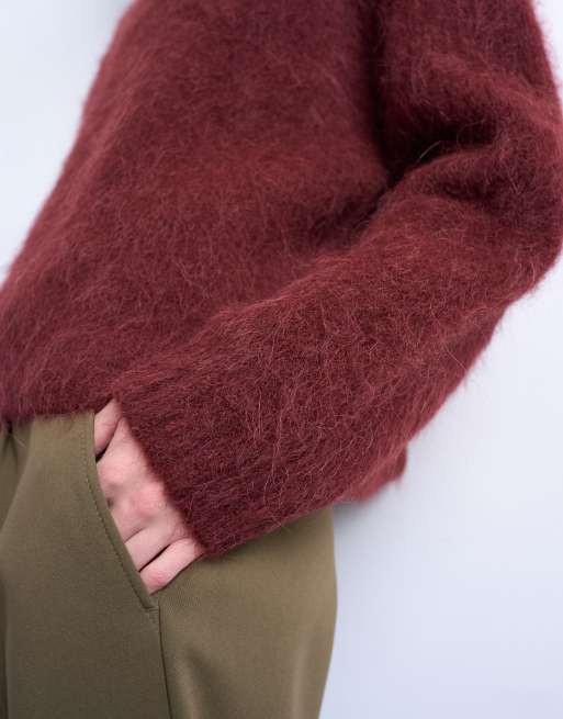 Topshop knitted premium alpaca crew neck boxy jumper in Burgundy