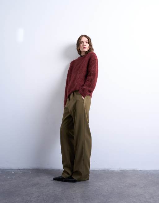 Topshop knitted premium alpaca crew neck boxy jumper in Burgundy, 3 of 4