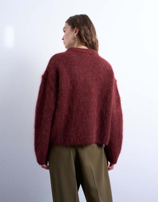 Topshop knitted premium alpaca crew neck boxy jumper in Burgundy