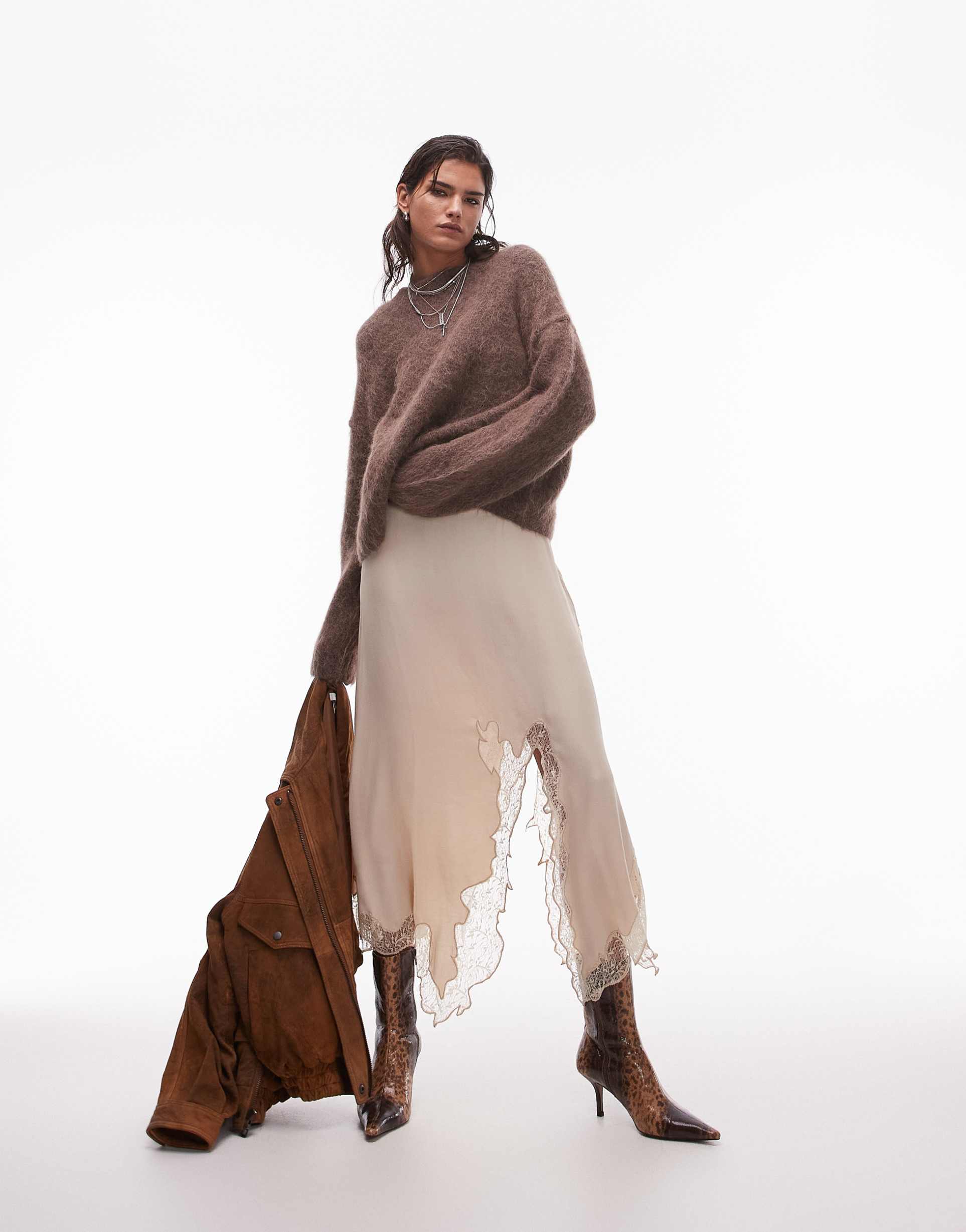 topshop knitted premium alpaca crew neck boxy sweater in chocolate