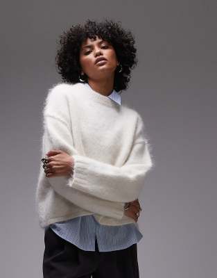 knitted premium alpaca crew neck boxy sweater in ivory-White