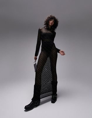 Topshop knitted premium beaded long sleeve dress in black | ASOS