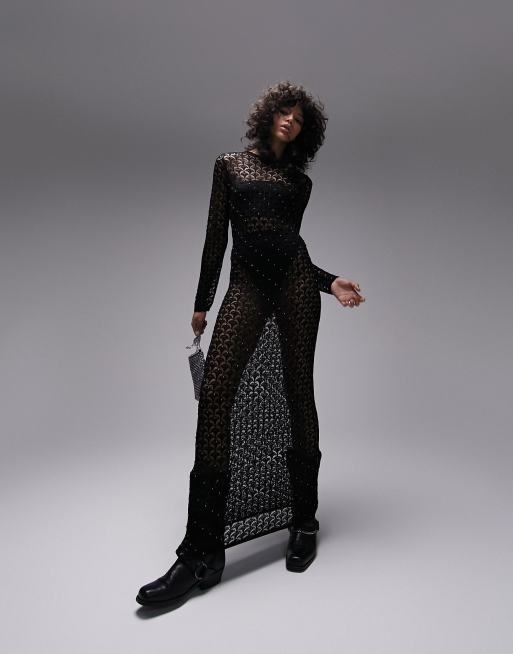 Black beaded long sleeve hot sale dress