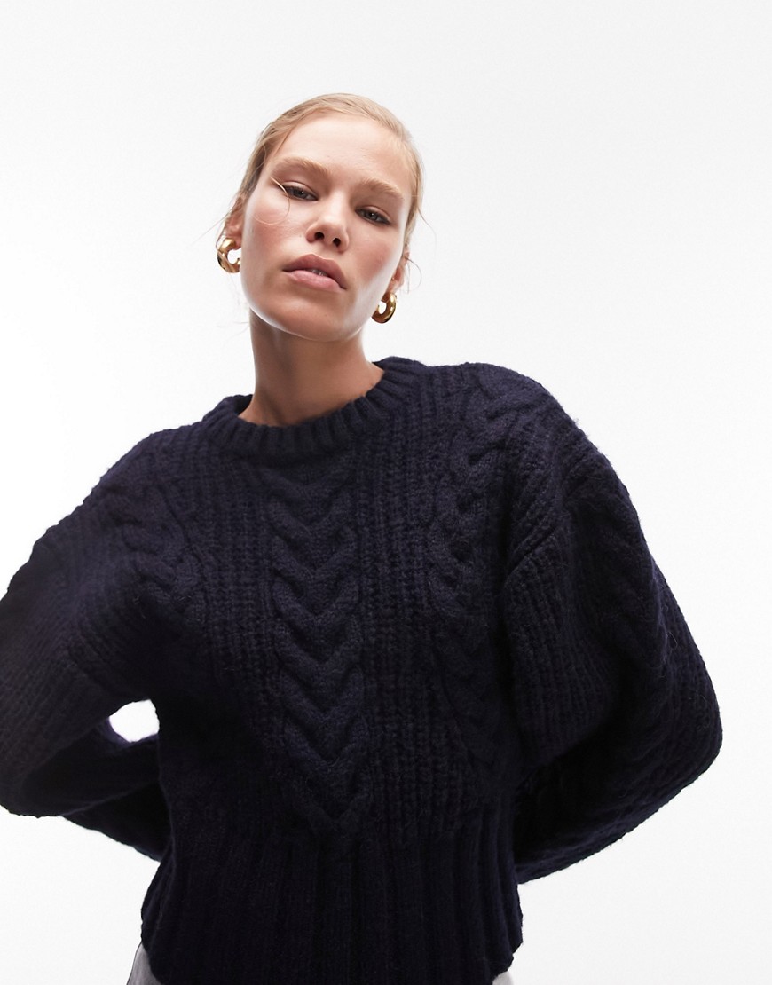 Topshop knitted premium cable ovoid sleeve jumper in navy