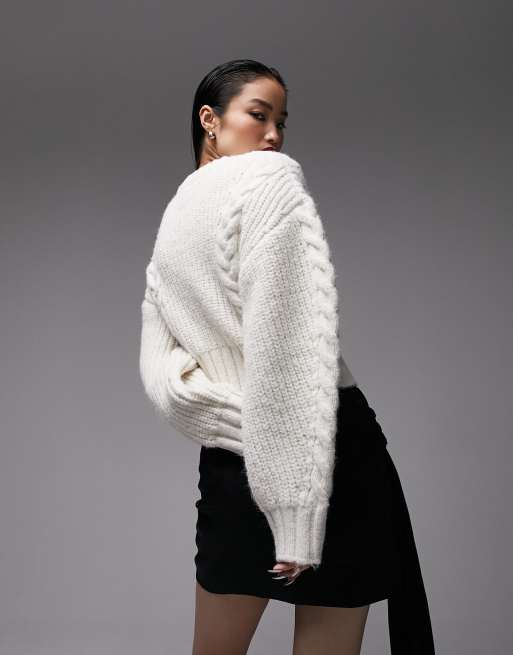 Topshop knitted premium cable ovoid sleeve sweater in cream