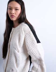 Knitted premium chunky cable colour block cardigan in mono