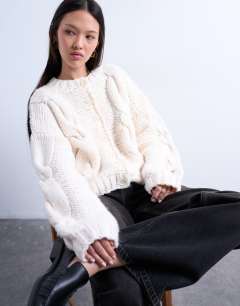 Model wearing Knitted premium chunky cable colour block cardigan in mono