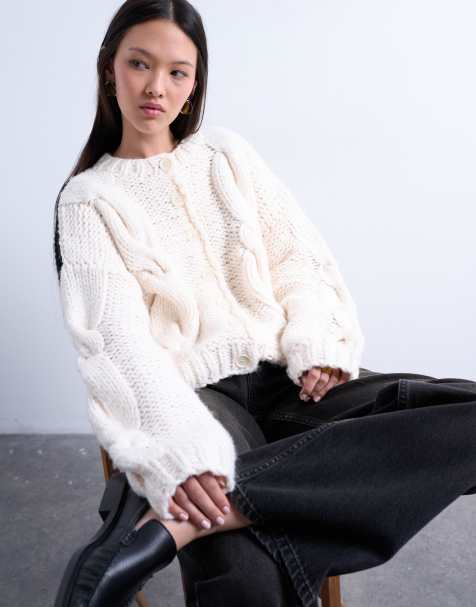 Topshop knitted premium chunky handknit 2 tone cardigan in mono - view 1