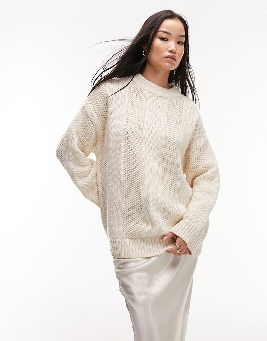 Topshop knitted premium chunky wide rib jumper with wool in ivory-White