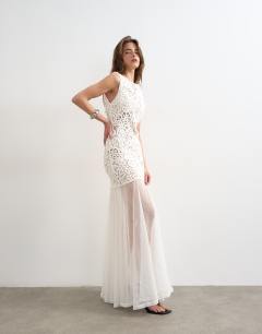 Knitted premium crochet full skirt dress in ecru