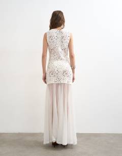 Model wearing Knitted premium crochet full skirt dress in ecru