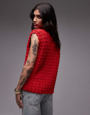 Topshop knitted premium hand knit tie waistcoat in red