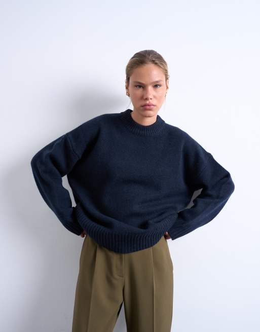 Topshop knitted premium lambswool jumper in navy