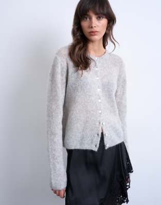 Topshop Knitted Premium Mohair Loose Knit Cardigan Grey-white In Grey