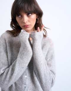 Model wearing Knitted premium mohair loose knit cardigan grey 