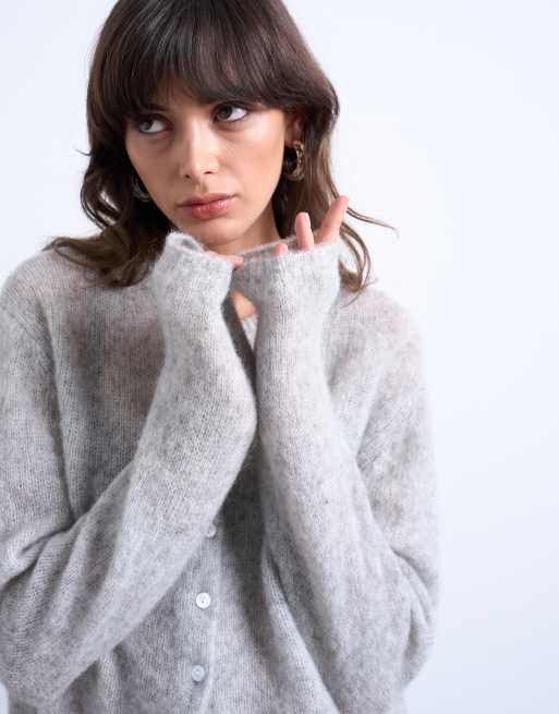 Topshop knitted premium mohair loose knit cardigan in grey , 3 of 4