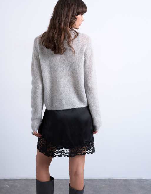 Topshop knitted premium mohair loose knit cardigan in grey , 4 of 4