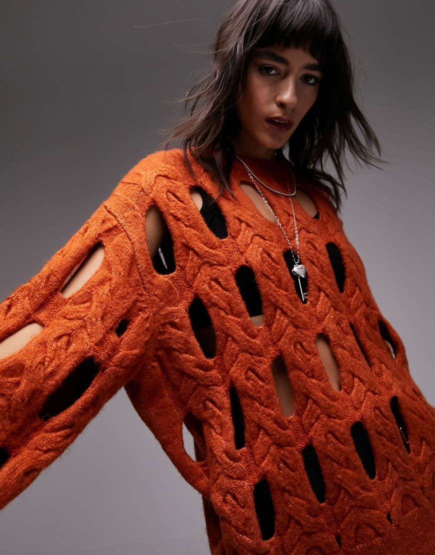 Topshop knitted premium open stitch jumper in orange-Multi