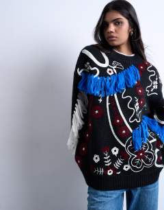 Knitted premium oversized embroidered jumper in black