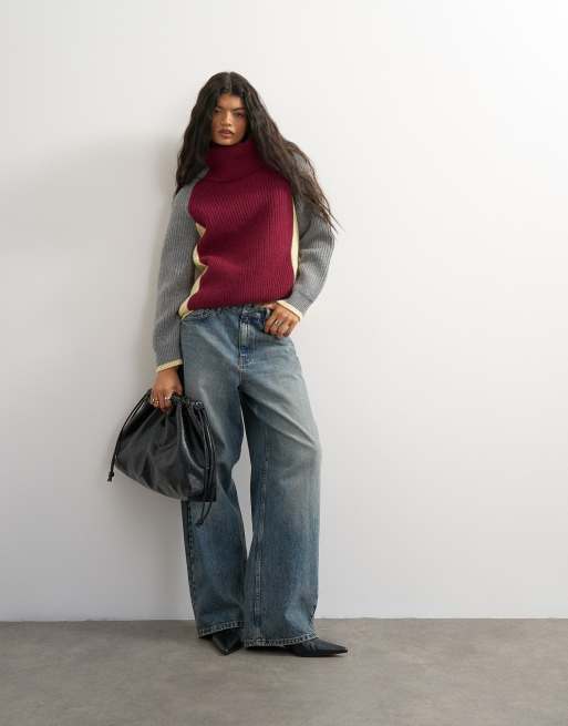 Topshop knitted premium pure lambswool colour block high neck jumper in multi, 2 of 4