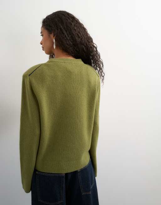 Topshop knitted premium pure lambswool soft shoulder pad jumper in green with blue tipping, 2 of 9