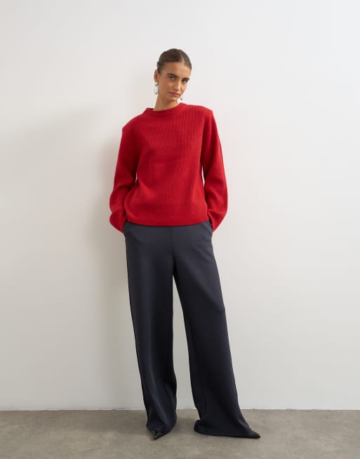 Topshop knitted premium pure lambswool soft shoulder pad jumper in red with blue tipping, 2 of 4