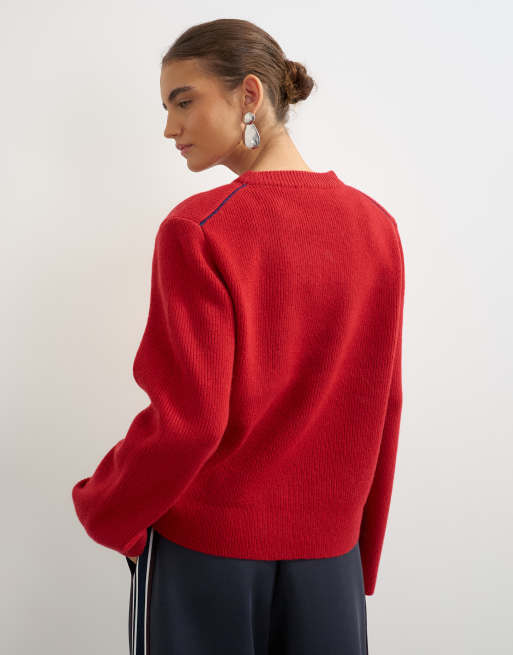 Topshop knitted premium pure lambswool soft shoulder pad sweater in red with blue tipping, 4 of 4