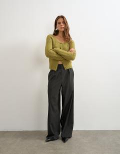 Model wearing Knitted premium rich alpaca wide neck short cardigan in green