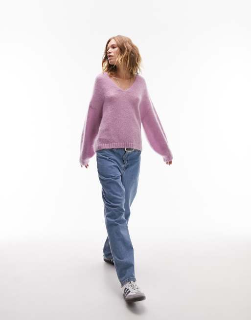 Topshop knitted premium v-neck mohair jumper in pink | ASOS