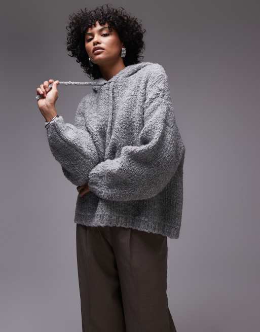Topshop knitted premium wool blend hoodie in grey