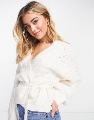 Topshop knitted pretty stitch wrap cardi in ivory