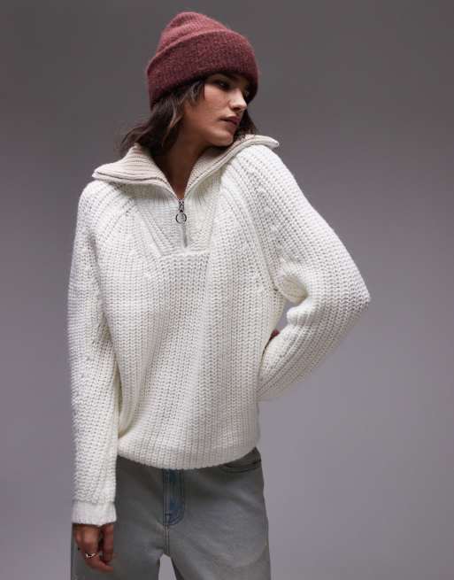 Topshop knitted quarter zip collar sweater in cream