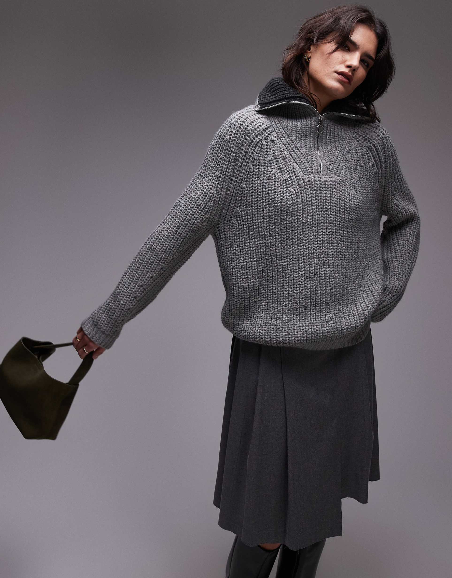 topshop knitted quarter zip collar sweater in gray