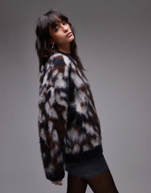 Topshop knitted relaxed boxy blur animal print sweater in multi, 2 of 4