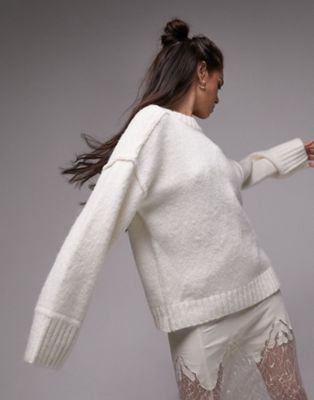 Topshop knitted relaxed crew neck exposed seam jumper in ivory