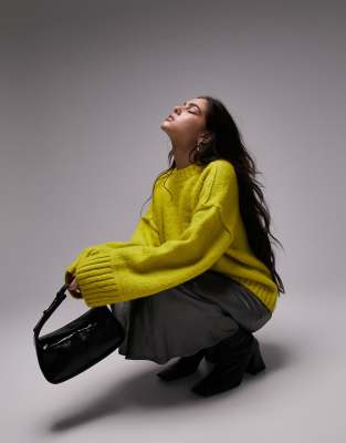 Topshop Knitted Relaxed Crew Neck Exposed Seam Sweater In Green