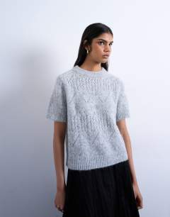 Knitted relaxed fit short sleeve top in light grey