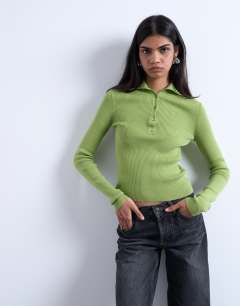 Knitted rib collar polo in green