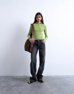 Model wearing Knitted rib collar polo in green