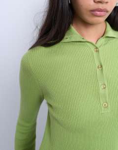 Model wearing Knitted rib collar polo in green