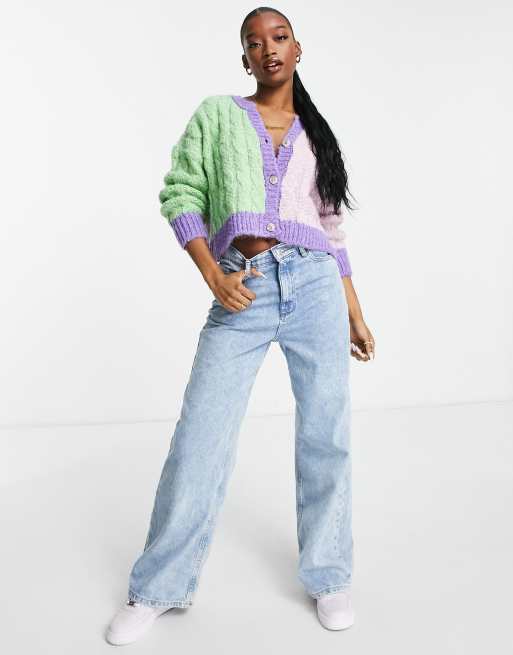 Topshop knitted rib colour block cardi in multi, 4 of 4